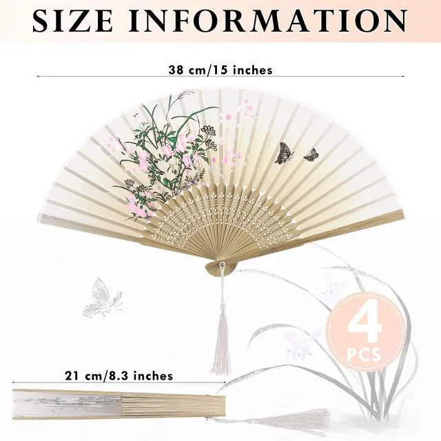 Alt view image 2 of 7 - 4 Pack Folding Fans Handheld Silk Fans | Bamboo Fans with Tassel, Lightweight Foldable Festival Gift, Wedding Supplies, Party Decor, Photo Props, Wall Ornament
