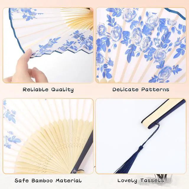 Alt view image 3 of 7 - 4 Pack Folding Fans Handheld Silk Fans | Bamboo Fans with Tassel, Lightweight Foldable Festival Gift, Wedding Supplies, Party Decor, Photo Props, Wall Ornament