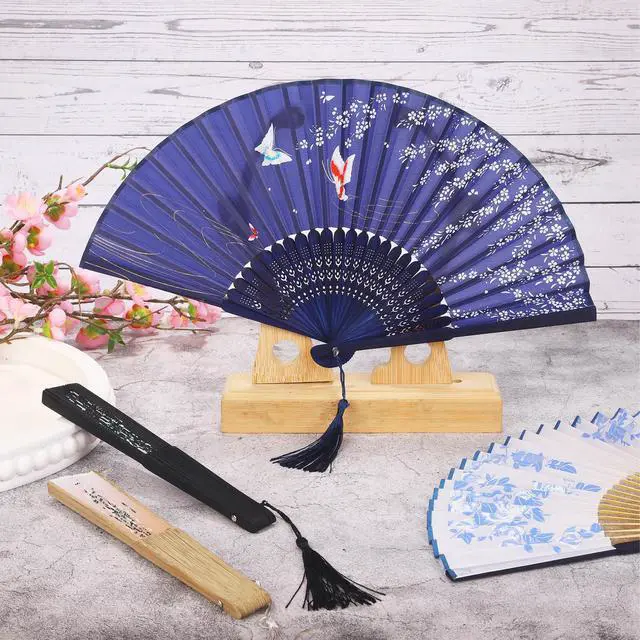 Alt view image 4 of 7 - 4 Pack Folding Fans Handheld Silk Fans | Bamboo Fans with Tassel, Lightweight Foldable Festival Gift, Wedding Supplies, Party Decor, Photo Props, Wall Ornament