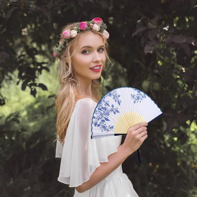 Alt view image 6 of 7 - 4 Pack Folding Fans Handheld Silk Fans | Bamboo Fans with Tassel, Lightweight Foldable Festival Gift, Wedding Supplies, Party Decor, Photo Props, Wall Ornament