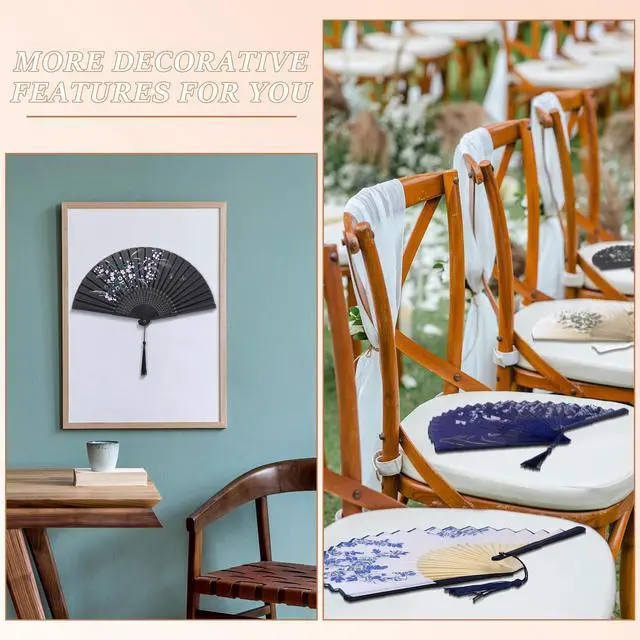 Alt view image 7 of 7 - 4 Pack Folding Fans Handheld Silk Fans | Bamboo Fans with Tassel, Lightweight Foldable Festival Gift, Wedding Supplies, Party Decor, Photo Props, Wall Ornament