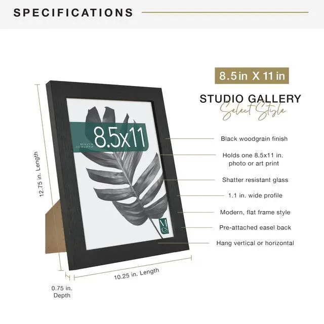 Alt view image 4 of 7 - Studio Gallery Picture Frame Black Woodgrain Engineered Wood, 8.5x11 | Studio Gallery Picture Frame Black Woodgrain Engineered Wood, Vertical & Horizontal Wall Hanging & Easel Frame