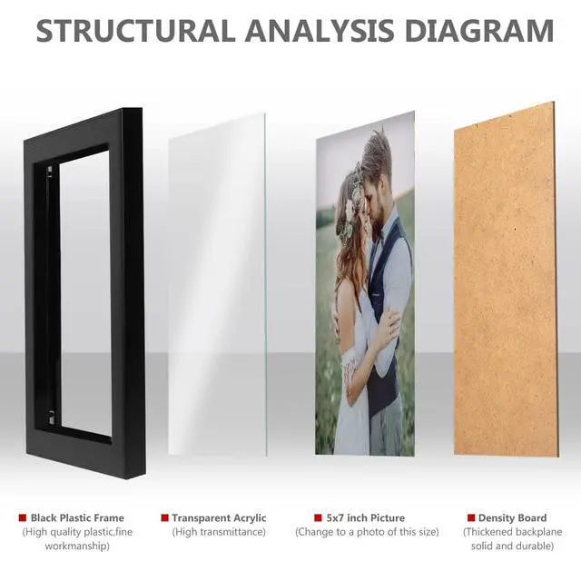 Alt view image 3 of 7 - 2 Pack 5x7 Picture Frame, Black Picture Frame for Wall and Tabletop Display, Resistant Plastic Photo with Clear Plexiglass for Vertical or Horizontal Display