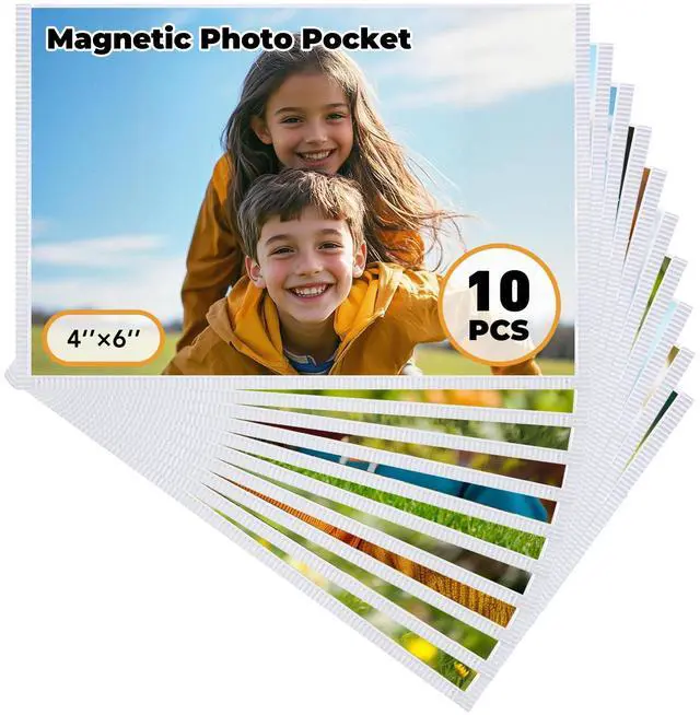 Main image of Magnetic Picture Frames for Refrigerator 4x6, 10 Pack White | Includes 10 reusable magnetic frames for standard 4x6 photos with full magnetic backing for refrigerators and lockers.