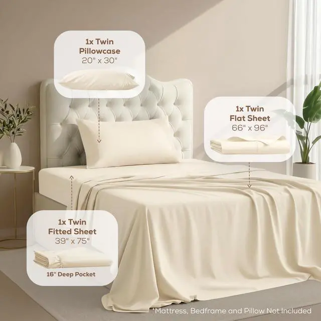 Alt view image 2 of 7 - Twin Sheets Set, 3 Pieces 16" Deep Pocket Hotel Luxury Bed Sheets, Ivory | Extra Soft Bedsheet Set, Comfy & Breathable Cooling Sheets, Wrinkle & Fade Resistant, Fitted Sheet, Flat Sheet, 1 Pillowcase