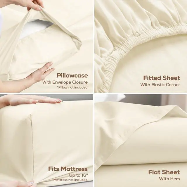 Alt view image 3 of 7 - Twin Sheets Set, 3 Pieces 16" Deep Pocket Hotel Luxury Bed Sheets, Ivory | Extra Soft Bedsheet Set, Comfy & Breathable Cooling Sheets, Wrinkle & Fade Resistant, Fitted Sheet, Flat Sheet, 1 Pillowcase