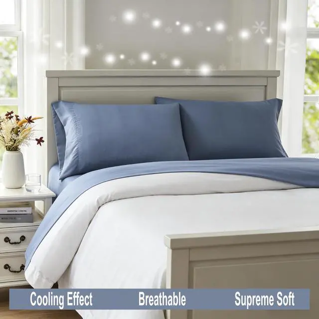 Alt view image 5 of 7 - Cozy Soft Cooling 3 piece Sheet Set - Luxurious, Supreme Soft and Cozy Microfiber Bed Sheets - Includes Flat Sheet, Fitted Sheet with Deep Pockets, & Pillowcases & Easy Care -Blue Twin