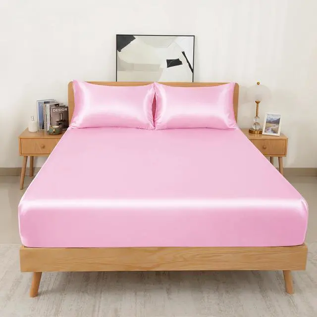 Alt view image 2 of 7 - 3 Pcs Satin Fitted Sheet Set Queen Pink 15 Inch Deep Pocket | Elastic Corner Straps For Snug Fit, Gentle on Hair And Skin, All-Season Comfort, Fade-Resistant Finish, Machine Washable