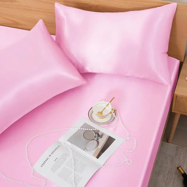 Alt view image 3 of 7 - 3 Pcs Satin Fitted Sheet Set Queen Pink 15 Inch Deep Pocket | Elastic Corner Straps For Snug Fit, Gentle on Hair And Skin, All-Season Comfort, Fade-Resistant Finish, Machine Washable