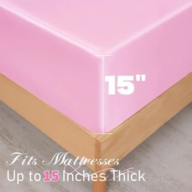 Alt view image 4 of 7 - 3 Pcs Satin Fitted Sheet Set Queen Pink 15 Inch Deep Pocket | Elastic Corner Straps For Snug Fit, Gentle on Hair And Skin, All-Season Comfort, Fade-Resistant Finish, Machine Washable
