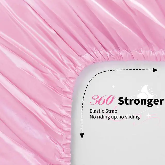Alt view image 5 of 7 - 3 Pcs Satin Fitted Sheet Set Queen Pink 15 Inch Deep Pocket | Elastic Corner Straps For Snug Fit, Gentle on Hair And Skin, All-Season Comfort, Fade-Resistant Finish, Machine Washable