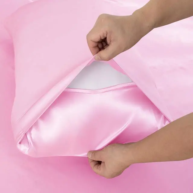 Alt view image 7 of 7 - 3 Pcs Satin Fitted Sheet Set Queen Pink 15 Inch Deep Pocket | Elastic Corner Straps For Snug Fit, Gentle on Hair And Skin, All-Season Comfort, Fade-Resistant Finish, Machine Washable
