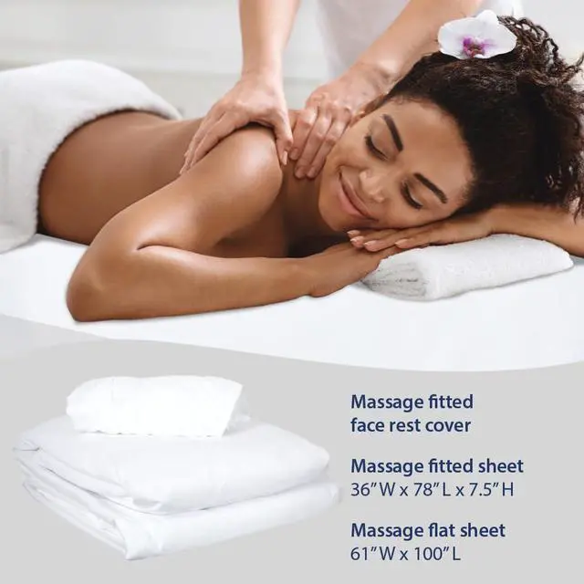 Alt view image 5 of 6 - 3-Piece Massage Sheet Set, White | Ultra-Light, Stain and Wrinkle-Resistant | Includes Flat & Fitted Sheets w/ Face Rest Cover for Massage Tables