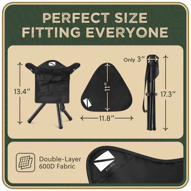 Alt view image 3 of 6 - Foldable Tripod 13.4'' Stool - 4 FT+, U.S. Seller, Ultra Portable Seat, Best for Youth+Pocket - 1 lb Camping Stool, 3 Legged Strong Steel Stool, Height: 13.4 inches (Black)
