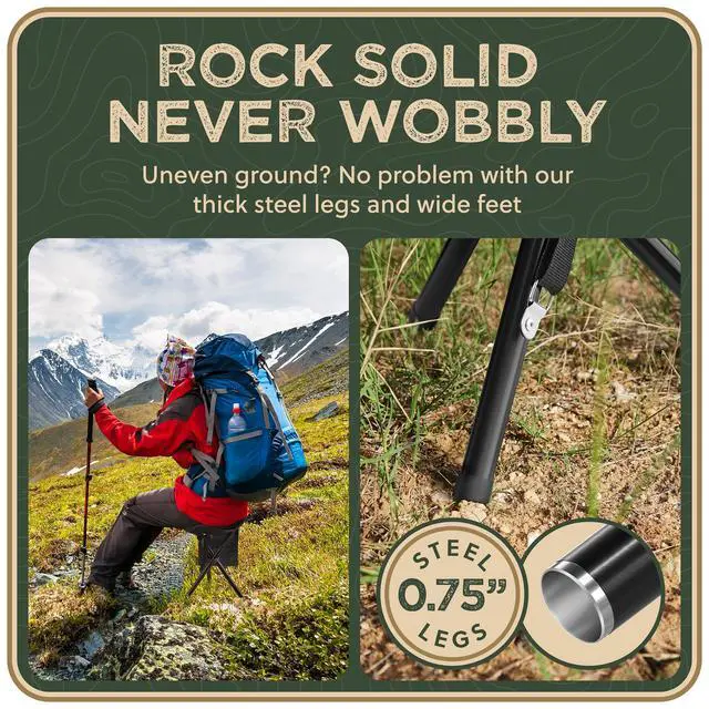 Alt view image 5 of 6 - Foldable Tripod 13.4'' Stool - 4 FT+, U.S. Seller, Ultra Portable Seat, Best for Youth+Pocket - 1 lb Camping Stool, 3 Legged Strong Steel Stool, Height: 13.4 inches (Black)