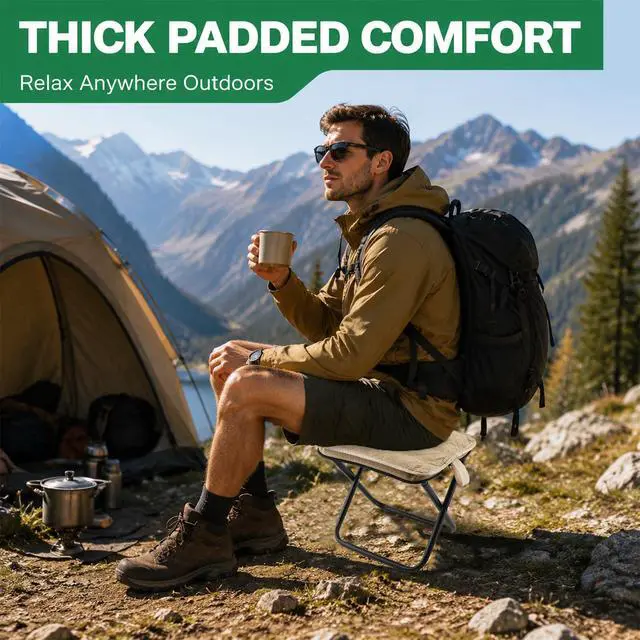 Alt view image 7 of 7 - Portable Backpack Stool for Adults, Compact Pocket Folding Stool 176 LBS | Foldable Camp Seat with 4 AntiSink Feet, Lightweight Travel Chair for Camping Fishing Hiking Picnic (Khaki)