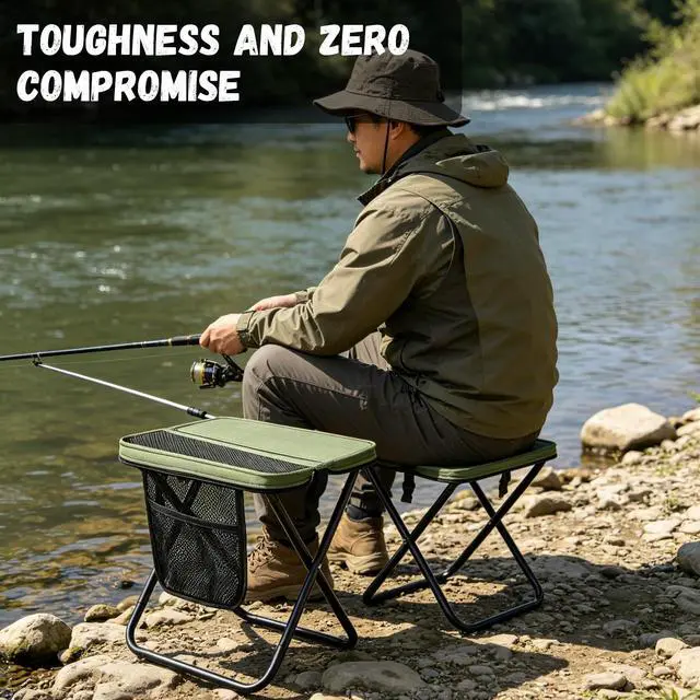 Alt view image 3 of 7 - Foldable Sling Camping Chair with Crossbody Carry Bag, 12 Inch Compact Folding Stool, Portable Outdoor Seat for Fishing, Hiking, Gardening, Supports 220lbs