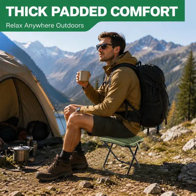 Alt view image 7 of 7 - Portable Backpack Stool for Adults, Compact Pocket Folding Stool 176 LBS | Foldable Camp Seat with 4 AntiSink Feet, Lightweight Travel Chair for Camping Fishing Hiking Picnic (Green)