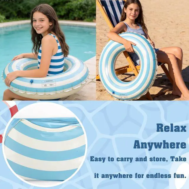 Alt view image 4 of 7 - Floats for Kids Rings, Pool Floats Swimming Rings for Kids, Pool Floats 21in Girls Boys Inflatable Striped Floats for Swimming Pool Summer Beach Party, Blue