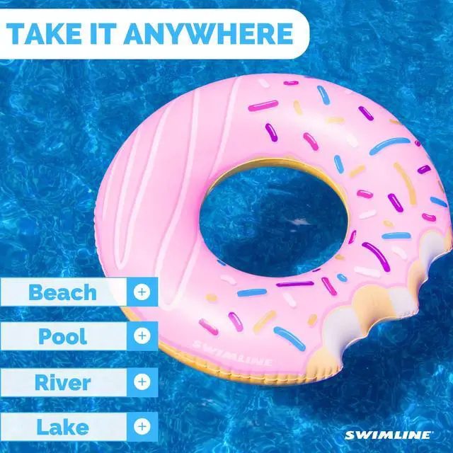 Alt view image 4 of 6 - | Inflatable Pool Ring Float for Adults | 42" | Donut Pink | 42 in donut tube sized for kids to play and adults to lounge; packs down flat for pool, beach, river, or lake