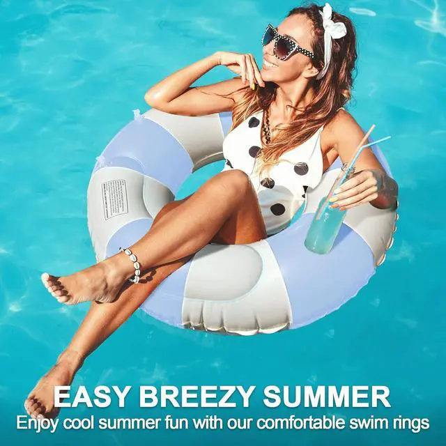 Alt view image 7 of 7 - Swim Ring for Kids & Adults, 30" Pool Float Tube with Cute Striped Design, Durable Thick PVC Leak-Proof Swimming Ring for Beach Pool Party Summer Water Fun (Blue)