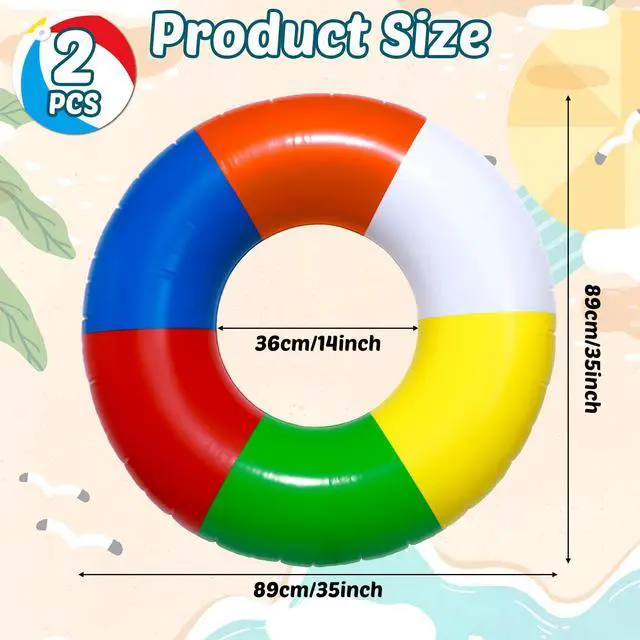 Alt view image 2 of 6 - 2 Pcs Inflatable Swimming Float Tools 35Inch Rainbow Striped Swim Rings Beach Pool Floats Pool Tube Rings Loungers Tube for Adults Toddler Lake River Ocean Summer Beach Party Favors Gifts