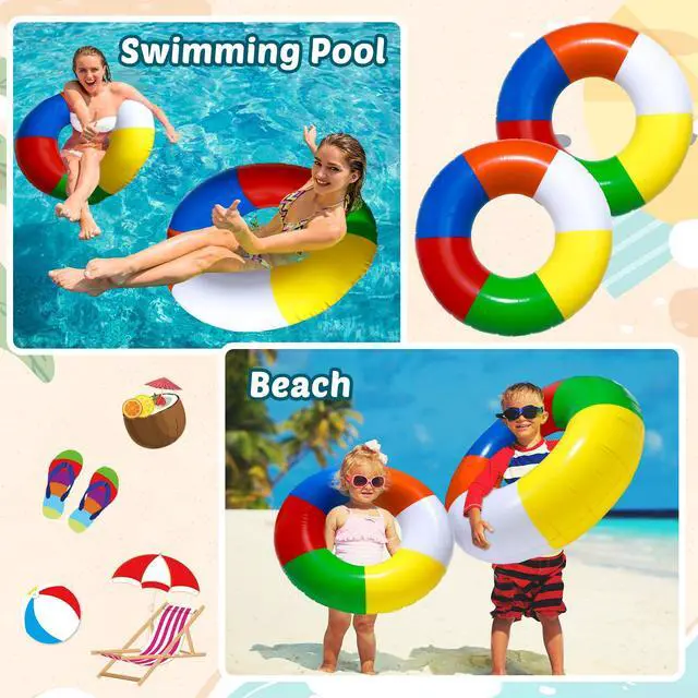 Alt view image 5 of 6 - 2 Pcs Inflatable Swimming Float Tools 35Inch Rainbow Striped Swim Rings Beach Pool Floats Pool Tube Rings Loungers Tube for Adults Toddler Lake River Ocean Summer Beach Party Favors Gifts