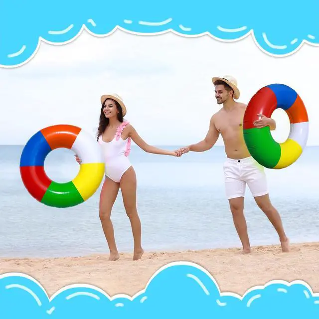 Alt view image 4 of 6 - 2 Pcs Inflatable Swimming Float Tools 35Inch Rainbow Striped Swim Rings Beach Pool Floats Pool Tube Rings Loungers Tube for Adults Toddler Lake River Ocean Summer Beach Party Favors Gifts