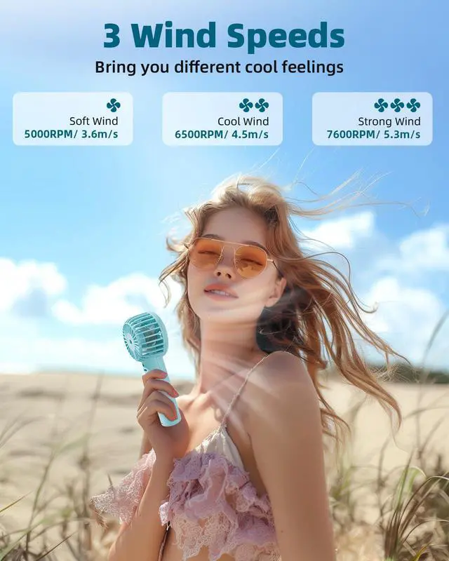 Alt view image 3 of 7 - Mini Handheld Fan, Powerful 3 Speed Portable Personal Fan, Cute and Pocket Design, USB Rechargeable for Makeup/Lash/Travel/Outdoors, Summer Gift for Stylish Girls Women Kids-Blue