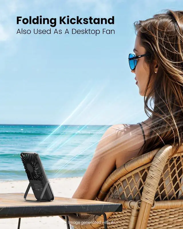 Alt view image 3 of 6 - Portable Handheld Fan, LED Makeup Mirror, Travel Essentials Black | Light, Folding Stand for Desktop, 3.3 oz Small Design, 3-Speed Cooling, Rechargeable Mini Fan, Personal Gifts for Women Girls