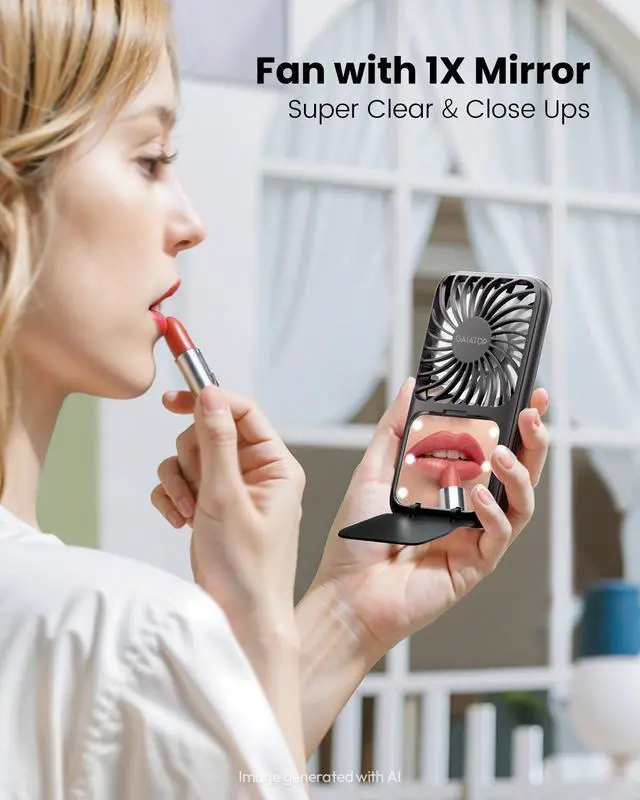 Alt view image 5 of 6 - Portable Handheld Fan, LED Makeup Mirror, Travel Essentials Black | Light, Folding Stand for Desktop, 3.3 oz Small Design, 3-Speed Cooling, Rechargeable Mini Fan, Personal Gifts for Women Girls