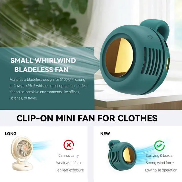 Alt view image 4 of 7 - Portable Clip-On Fan, Mini USB Rechargeable 360° Rotatable Fan, Personal Fan 3-Speed Silent Mini Bladeless Fans(Green)