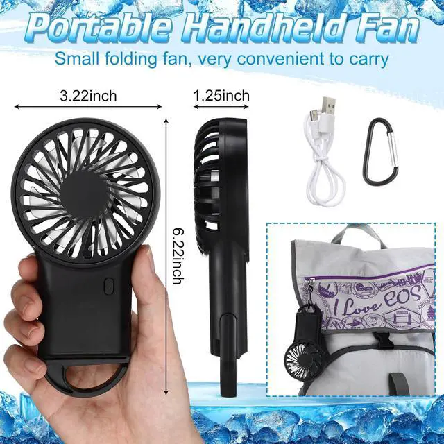 Alt view image 2 of 7 - 4 Pcs Portable Mni Fan, Black, 4 Pcs | 3 Speeds Rechargeable Handheld with D Hook, Desk Cooling for Outdoor Travel, Compact Lightweight Design for Summer Use