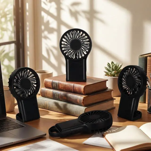 Alt view image 3 of 7 - 4 Pcs Portable Mni Fan, Black, 4 Pcs | 3 Speeds Rechargeable Handheld with D Hook, Desk Cooling for Outdoor Travel, Compact Lightweight Design for Summer Use