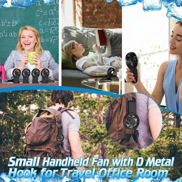Alt view image 7 of 7 - 4 Pcs Portable Mni Fan, Black, 4 Pcs | 3 Speeds Rechargeable Handheld with D Hook, Desk Cooling for Outdoor Travel, Compact Lightweight Design for Summer Use