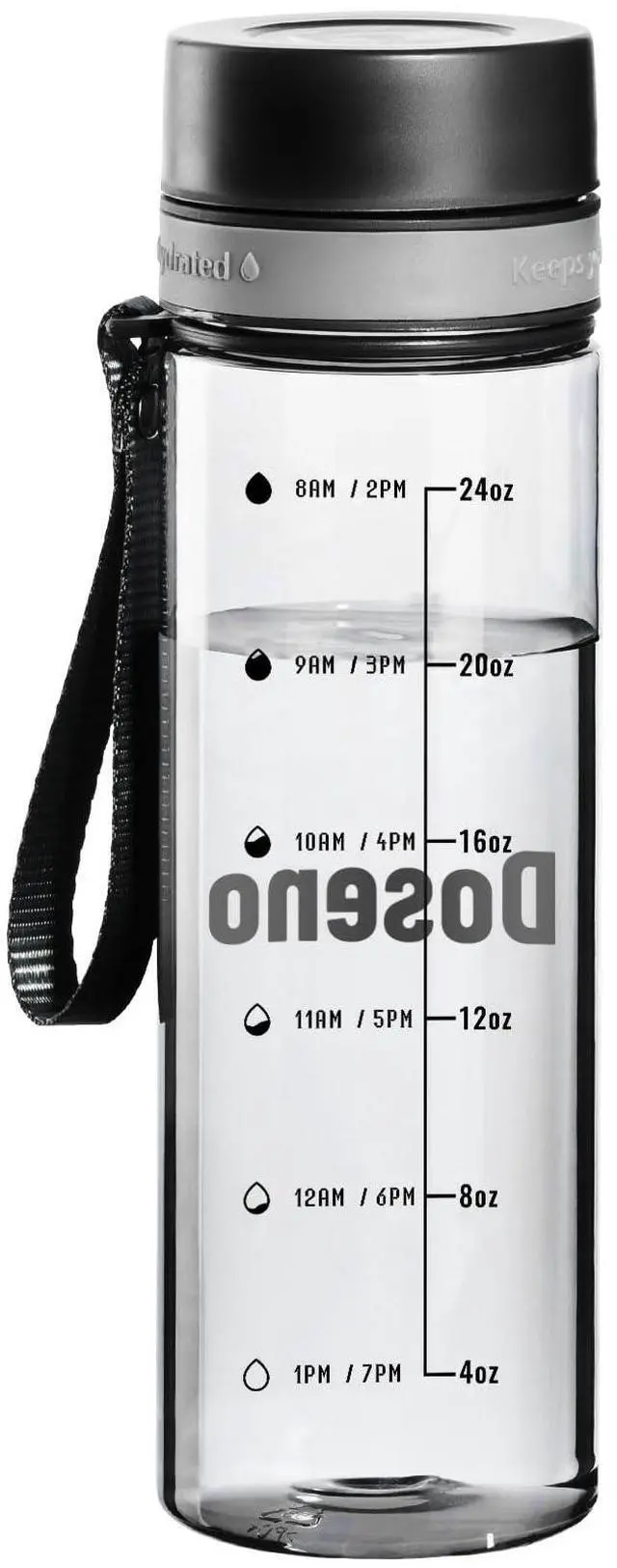 Main image of Clear Water Bottle with Time Marker, 28 oz Plastic Bottle, Black | Reusable plastic water bottle with measurements has a strap, wide mouth, fruit strainer and screw-on lid for gym and hiking.