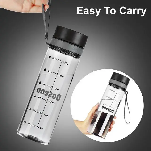 Alt view image 3 of 6 - Clear Water Bottle with Time Marker, 28 oz Plastic Bottle, Black | Reusable plastic water bottle with measurements has a strap, wide mouth, fruit strainer and screw-on lid for gym and hiking.
