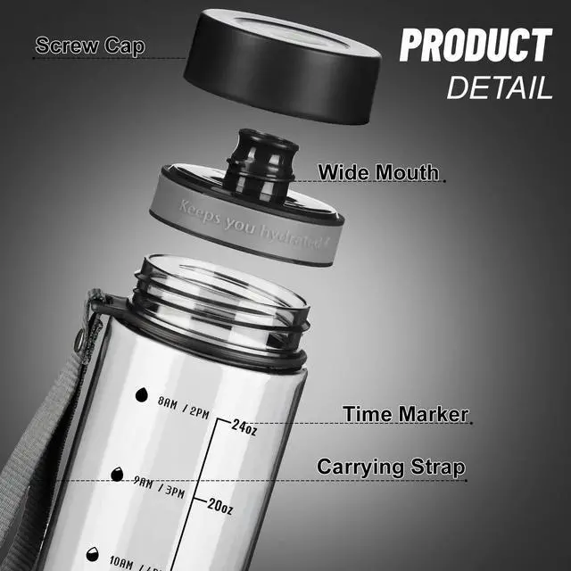 Alt view image 2 of 6 - Clear Water Bottle with Time Marker, 28 oz Plastic Bottle, Black | Reusable plastic water bottle with measurements has a strap, wide mouth, fruit strainer and screw-on lid for gym and hiking.