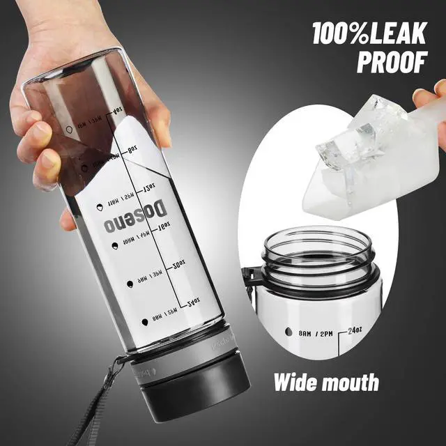 Alt view image 4 of 6 - Clear Water Bottle with Time Marker, 28 oz Plastic Bottle, Black | Reusable plastic water bottle with measurements has a strap, wide mouth, fruit strainer and screw-on lid for gym and hiking.