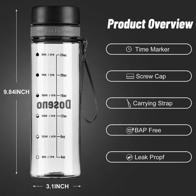 Alt view image 5 of 6 - Clear Water Bottle with Time Marker, 28 oz Plastic Bottle, Black | Reusable plastic water bottle with measurements has a strap, wide mouth, fruit strainer and screw-on lid for gym and hiking.
