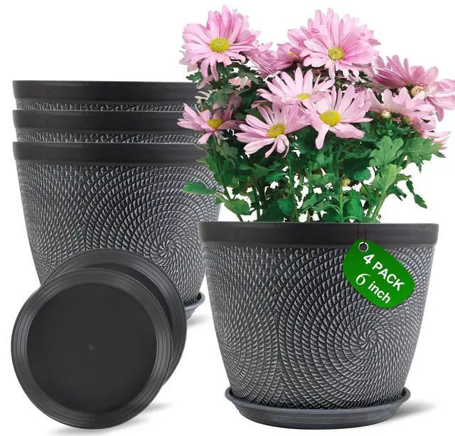 Main image of 4 Pack 6 Inch Flower Pots,Plastic Plant Pots with Drainage Hole&Tray | Modern Decorative Garden Pot with Saucer, planters for Outdoor Indoor House (Gray)