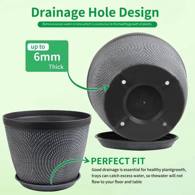 Alt view image 4 of 6 - 4 Pack 6 Inch Flower Pots,Plastic Plant Pots with Drainage Hole&Tray | Modern Decorative Garden Pot with Saucer, planters for Outdoor Indoor House (Gray)