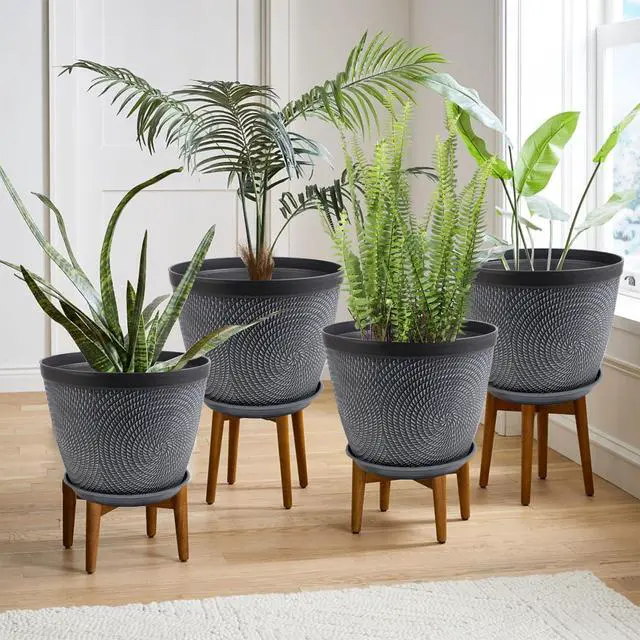 Alt view image 5 of 6 - 4 Pack 6 Inch Flower Pots,Plastic Plant Pots with Drainage Hole&Tray | Modern Decorative Garden Pot with Saucer, planters for Outdoor Indoor House (Gray)