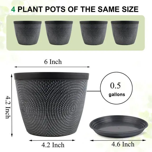 Alt view image 6 of 6 - 4 Pack 6 Inch Flower Pots,Plastic Plant Pots with Drainage Hole&Tray | Modern Decorative Garden Pot with Saucer, planters for Outdoor Indoor House (Gray)