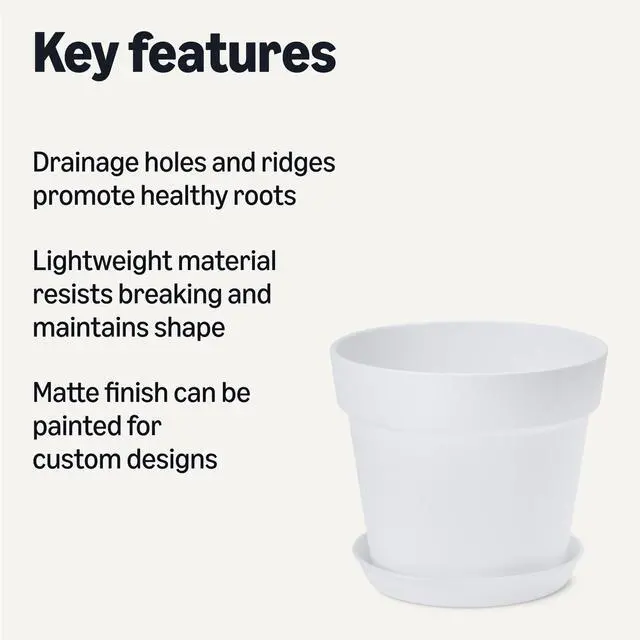 Alt view image 2 of 4 - Plant Pot with Drainage Holes and Ridges, Lightweight, Matte White, 6 inch, 1-Pack
