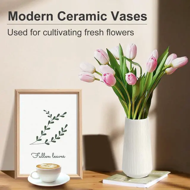 Alt view image 4 of 7 - White Ceramic Vase, Small Cute Flower Vase for Pampas Grass, Home, Living Room, Dining Table, Farmhouse, Office Decor, Bedroom, Table, and Kitchen Shelf (White)