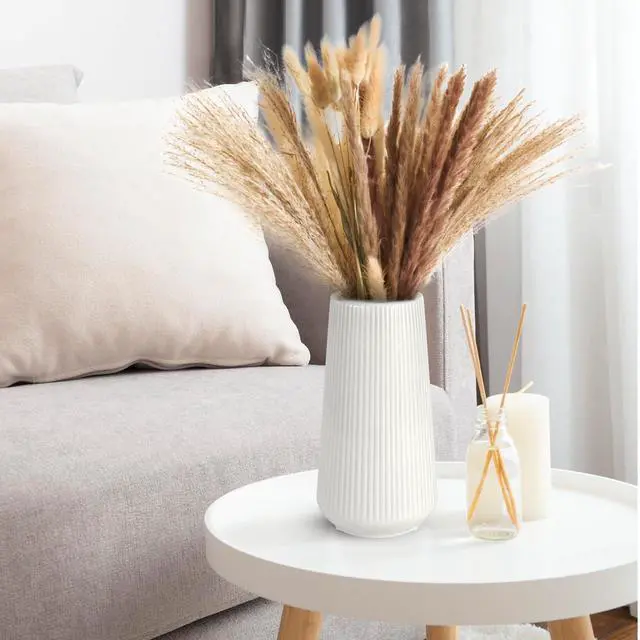Alt view image 5 of 7 - White Ceramic Vase, Small Cute Flower Vase for Pampas Grass, Home, Living Room, Dining Table, Farmhouse, Office Decor, Bedroom, Table, and Kitchen Shelf (White)
