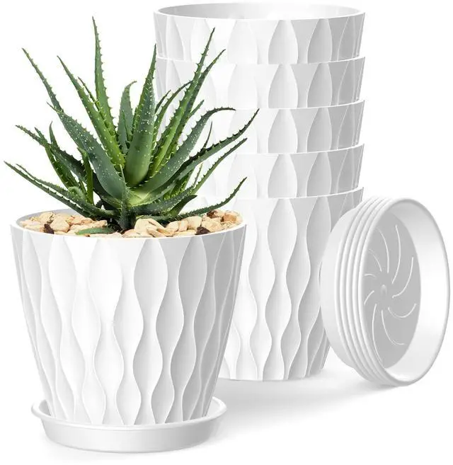 Main image of 4 Inch Plant Pots, 6 Pack Indoor Flower Pots, Planters with Drainage Holes and Trays for Orchids, Violets, Succulents, Herbs, and Other Plants,White