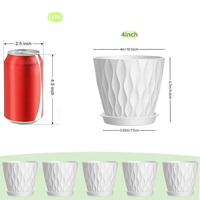 Alt view image 2 of 7 - 4 Inch Plant Pots, 6 Pack Indoor Flower Pots, Planters with Drainage Holes and Trays for Orchids, Violets, Succulents, Herbs, and Other Plants,White