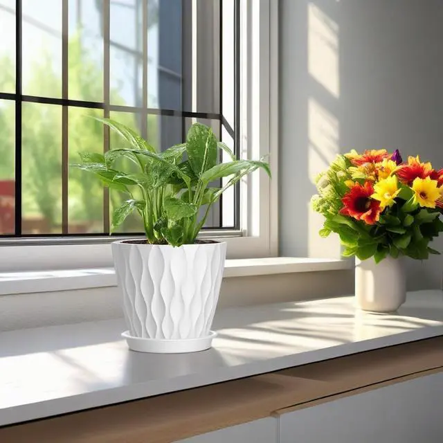 Alt view image 6 of 7 - 4 Inch Plant Pots, 6 Pack Indoor Flower Pots, Planters with Drainage Holes and Trays for Orchids, Violets, Succulents, Herbs, and Other Plants,White